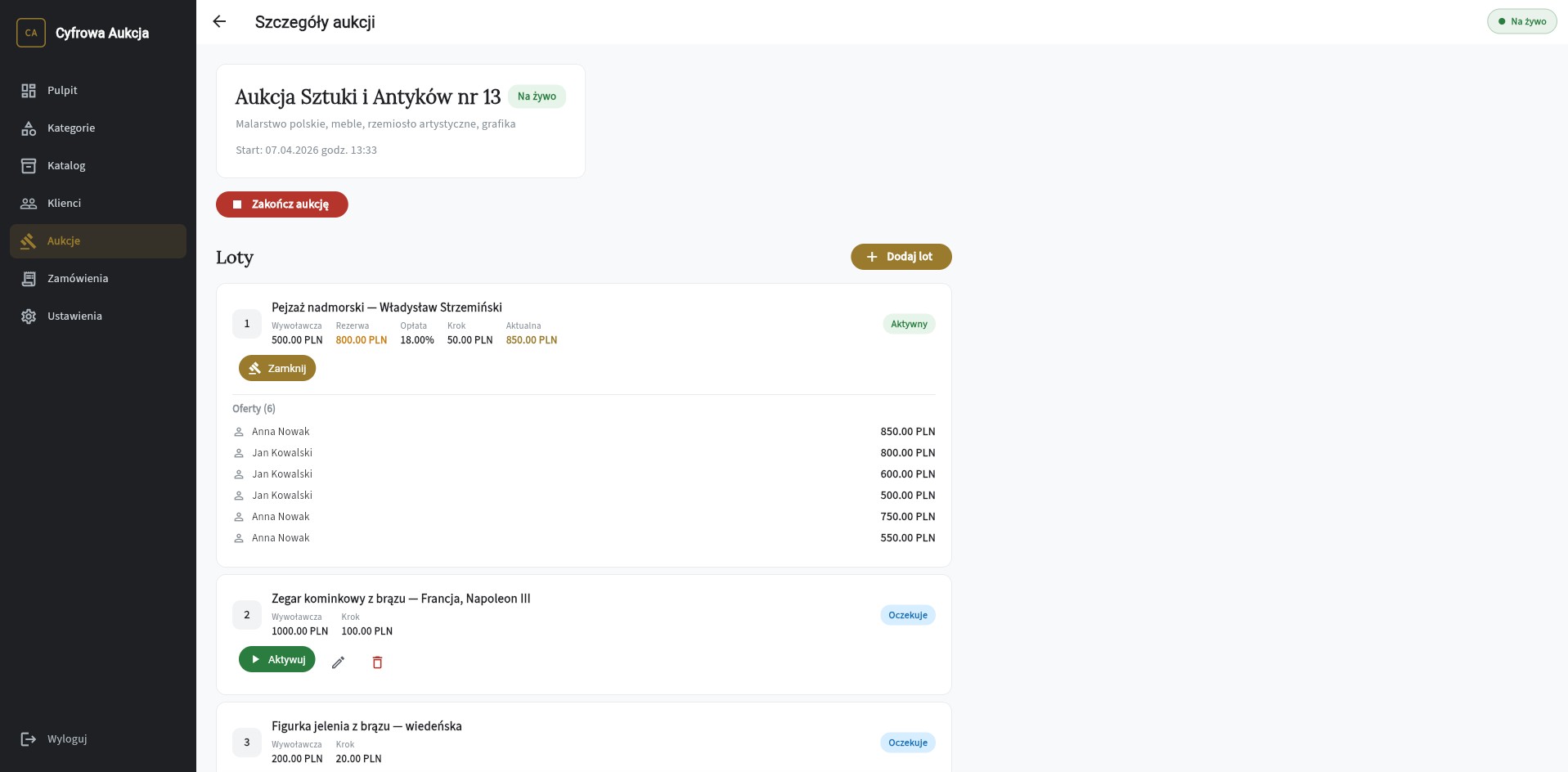 Ekran aukcji na żywo z aktywnym lotem, listą ofert i przyciskami sterowania