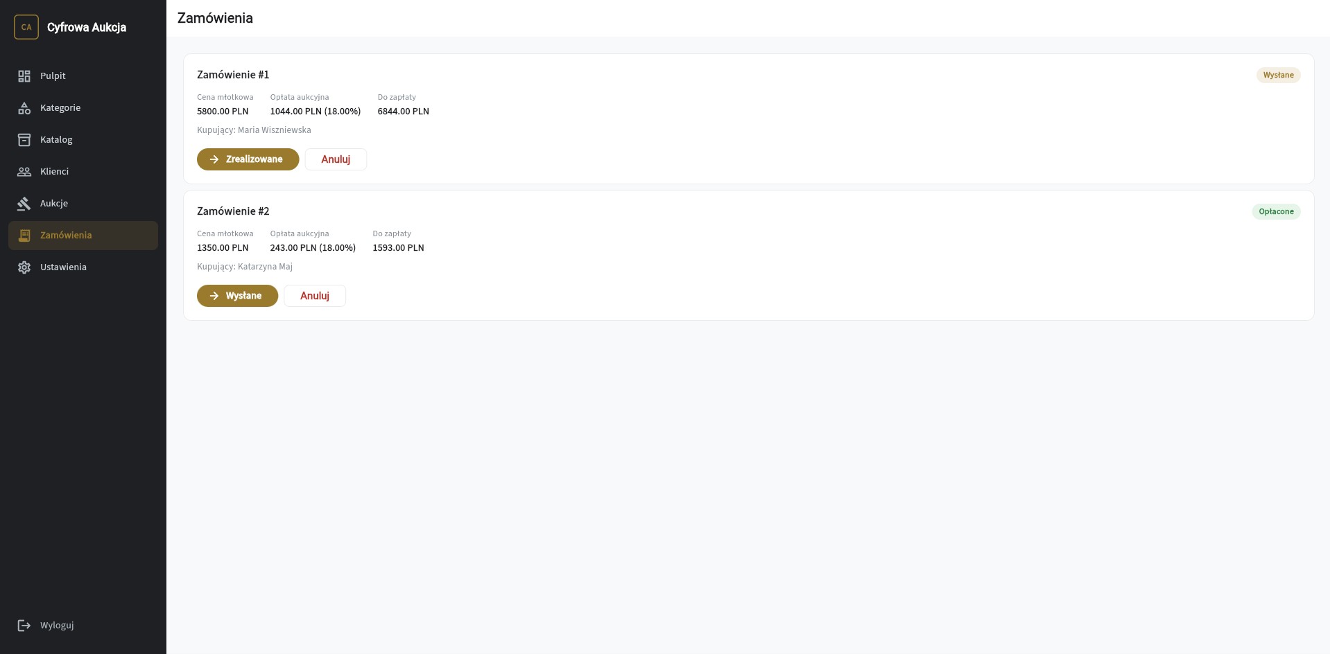 Lista zamówień z cenami młotkowymi, opłatą aukcyjną i statusami realizacji